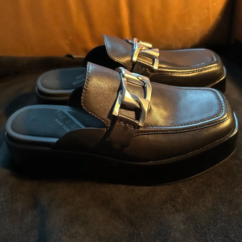 Rag & Bone Logan leather silver chain loafer mule slide platform flatform size 9 - Picture 9 of 16